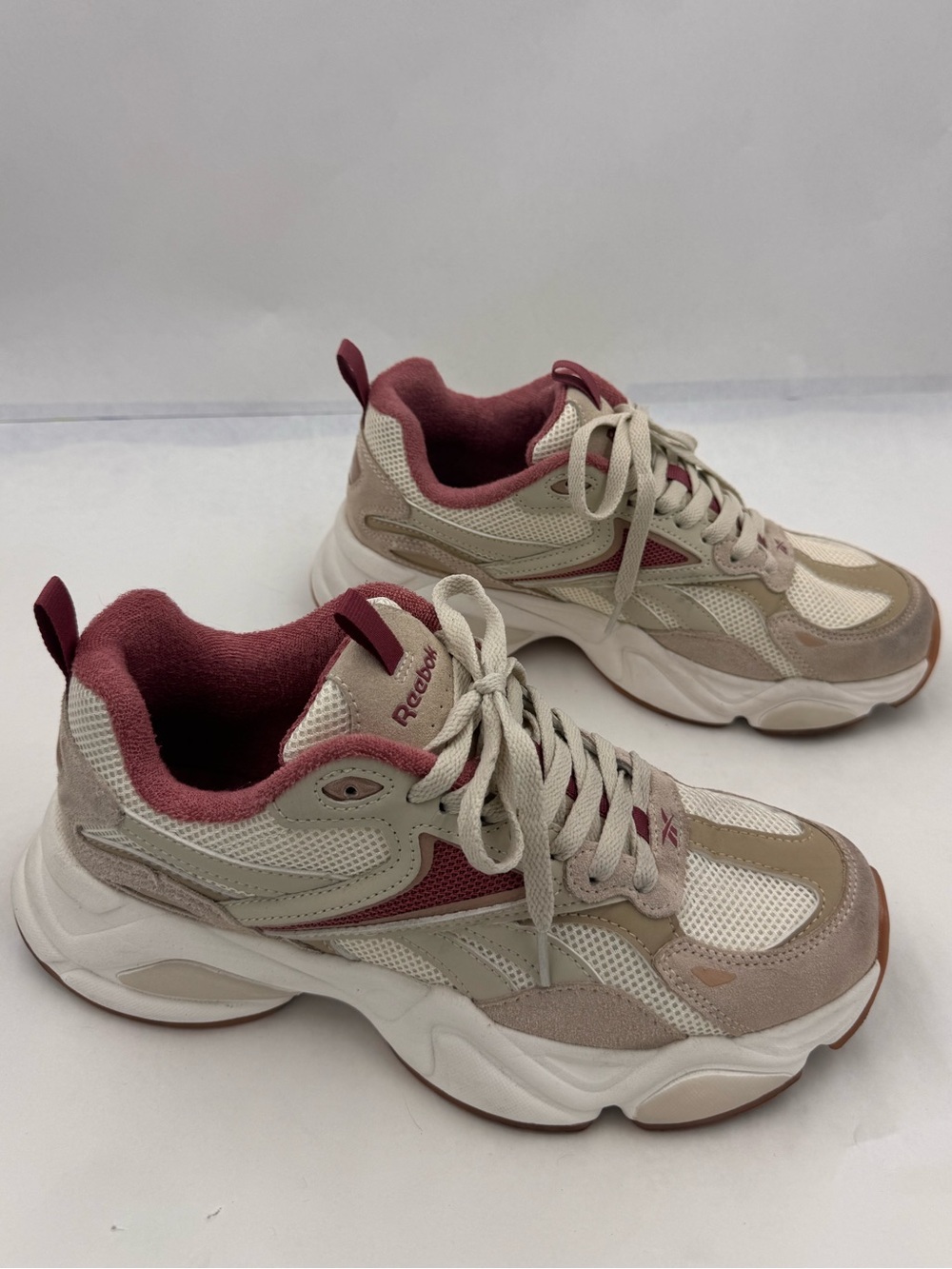 Reebok Women's Cream Beige and Dusty Rose Pink Chunky Dad Sneakers, Size 10